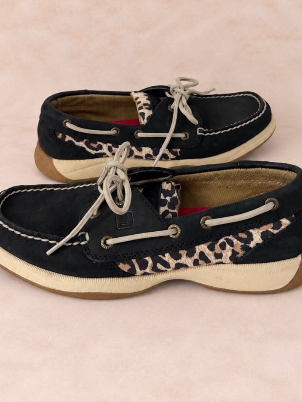 Sperry Top Siders Boat Shoes Black Leather Leopard Print Women's Size 6.5